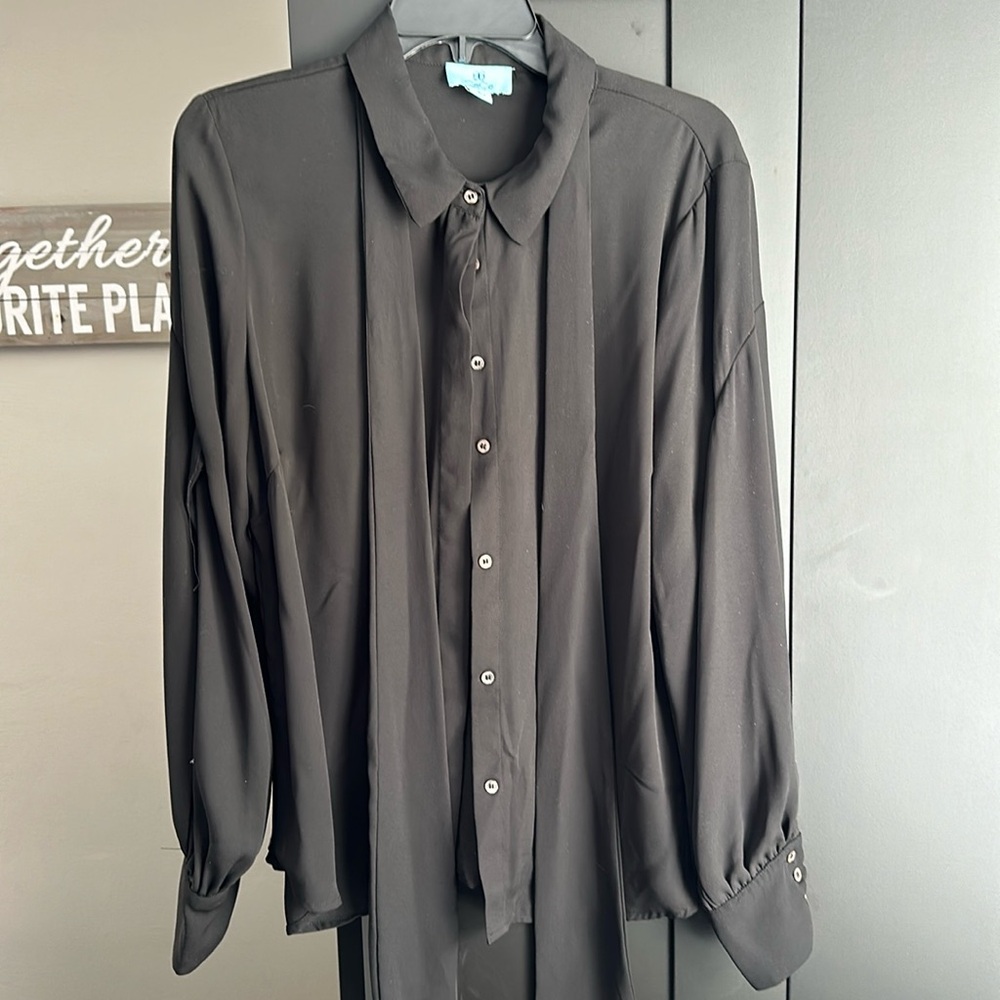 Black button-down blouse with tie